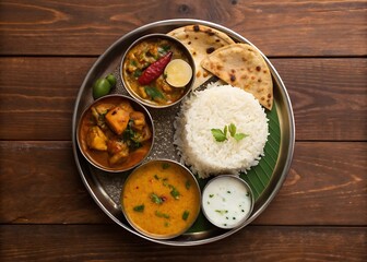 Traditional Indian Thali Meal with Curries, Rice, and Naan