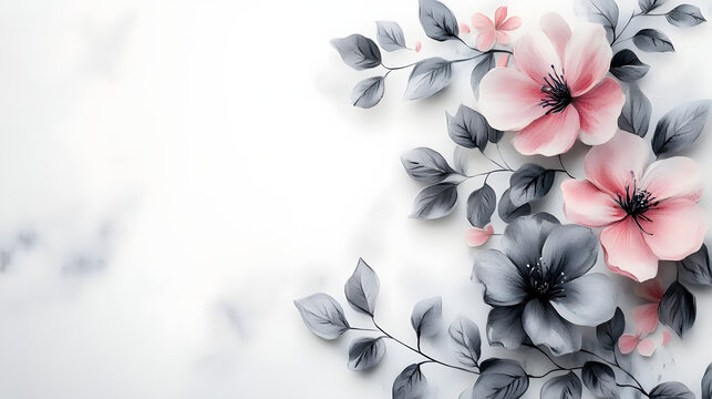 un fondo con espacio de copia color blanco con un dise&ntilde;o de flores como marco alrededor color gris y rosa pastel elegante y romantica invitacion femenina y tierna