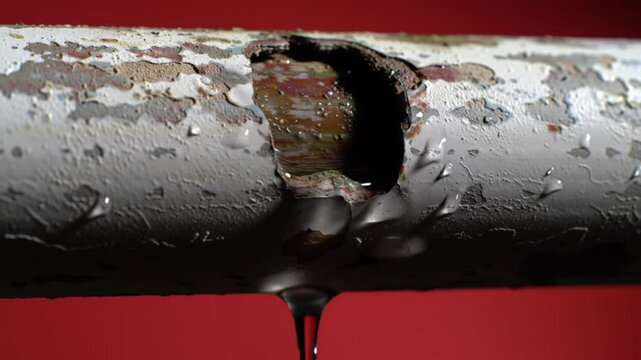 a cracked white pipe dripping water slowly, set against a saturated red background,