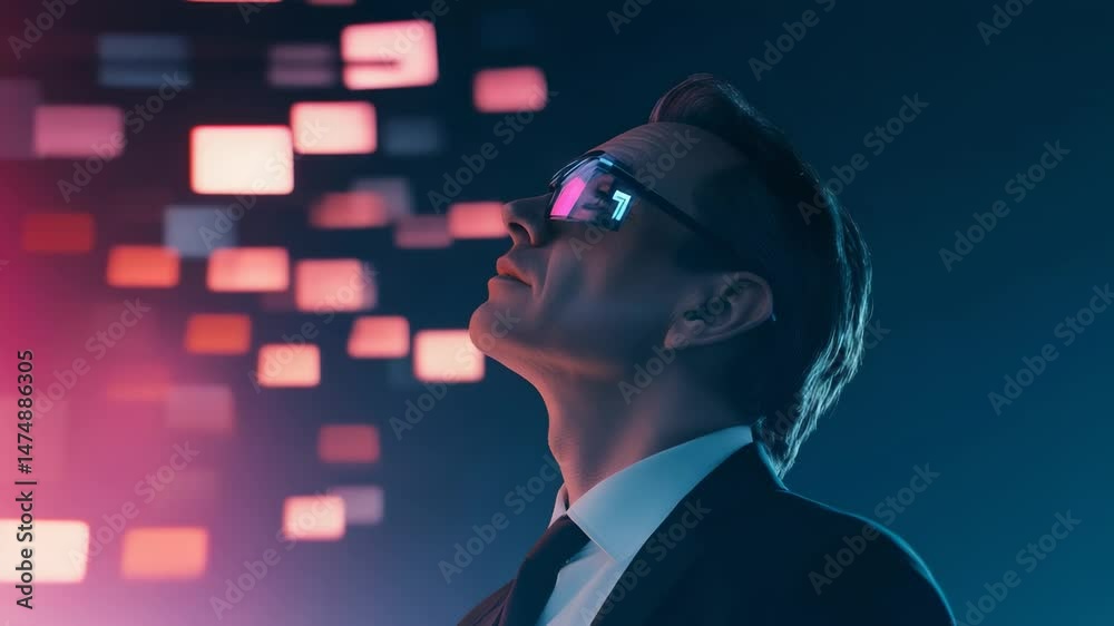 Poster Augmented reality interface showing a businessman wearing futuristic glasses evaluating various options, represented by colorful squares in a dark environment