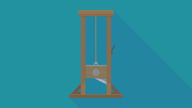Flat design animation of a guillotine seen from the front with the blade falling on blue background with long shadow