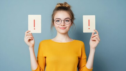 Multiple images of a young woman wearing glasses and a yellow sweater, holding two cards displaying exclamation marks, symbolizing important choices or decisions against a blue backdrop