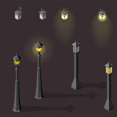 Set of light lamp pillar. Isometric street light. Light pillar icon. Isometric outdoor lighting. with or without light dark background