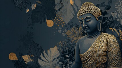 Meditative Buddha: Serene figure amidst abstract foliage. Golden accents highlight the peaceful expression, promoting tranquility and enlightenment.