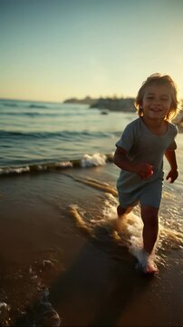 Joyful children running through shallow seawater at sunset, laughing and splashing with carefree energy and golden light &ndash; Generative AI