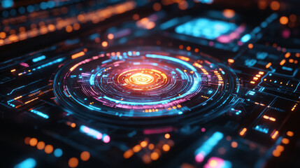Abstract Futuristic Technology Interface with Neon Lights and Circular Patterns