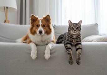 Obraz na płótnie Canvas Content pets casually resting on gray couch