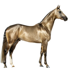 Obraz premium Majestic akhal-teke horse in profile gracefully posing isolated on white background