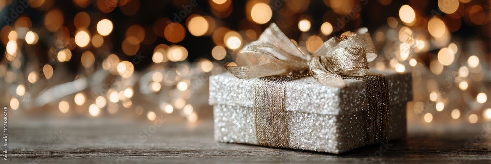 Poster holiday gift box unwrapped with sparkling lights creating a festive atmosphere at a cozy indoor sett
