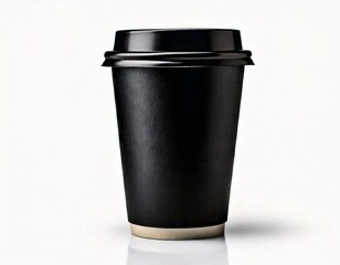  Closeup front view disposable black paper coffee cup with head isolated on white background.