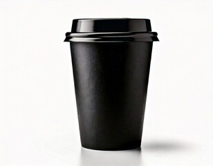  Closeup front view disposable black paper coffee cup with head isolated on white background.