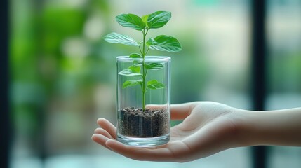 Small plant in glass, held gently