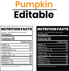 Nutrition Facts of Pumpkin, Nutrition Level, Supplement Facts, Supplement Level Isolated on White and Black Background
