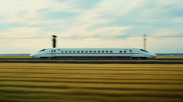 High-Speed Train Moving Through Landscape with Blue Sky and Soft Clouds in the Background 4k video footage