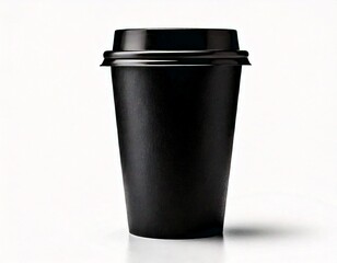  Closeup front view disposable black paper coffee cup with head isolated on white background.