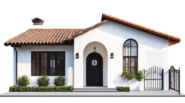 Charming spanish style home facade with terracotta roof tiles and stucco walls