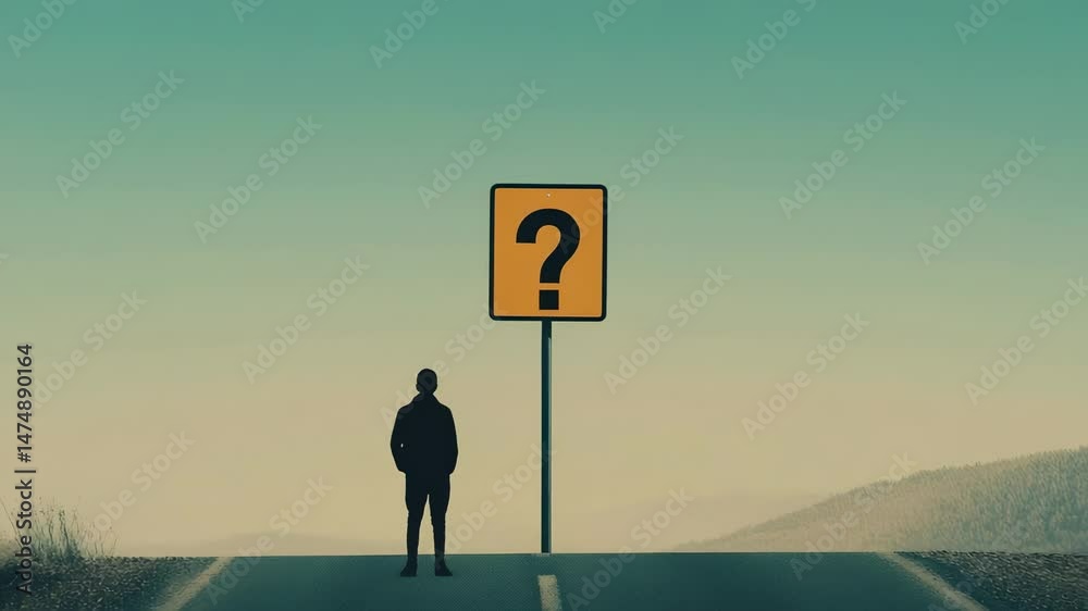 Poster contemplative man standing at road crossroads, examining potential life paths symbolized by question