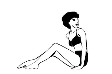 Woman in swimsuit sitting on the beach. Summer. Tropical. Black and white line drawing. Hand drawn illustration on transparent background.