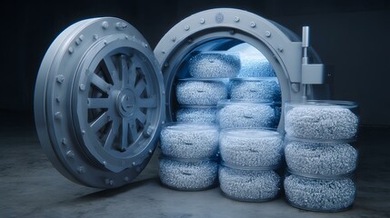 door opening to reveal stacks of glowing digital tokens