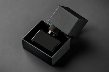 Sleek black perfume bottle nestled in its matching box (1)