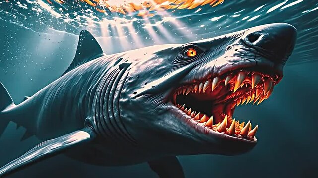 large menacing shark swimming underwater. shark glowing orange eyes exaggeratedly sharp toothy mouth giving it intimidating appearance. water around shark illuminated beams of light creating...