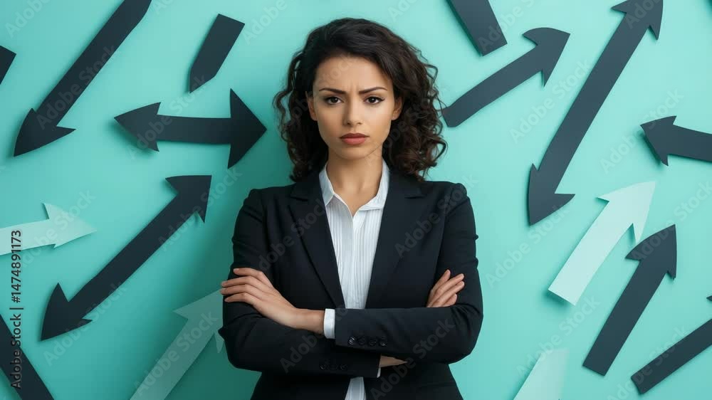 Poster businesswoman with arms crossed is changing facial expressions while standing against turquoise back