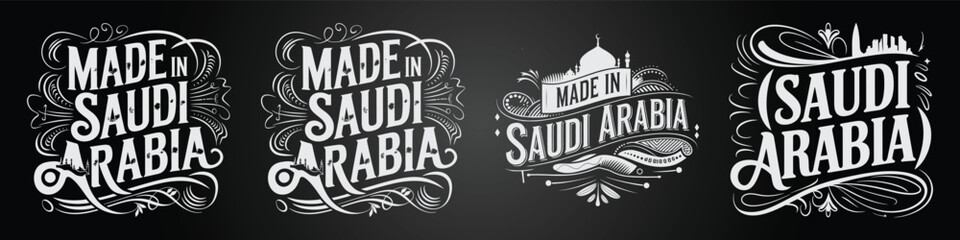 Saudi Arabia, Riyadh, Mecca, Arabian Desert Typography Set Featuring Chalk Blackboard and Geography Data Elements