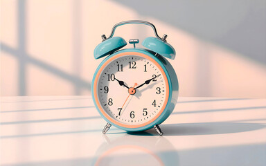 Analogical and vintage alarm clock in turquoise blue with peach details on a white background
