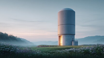 Obraz premium Unique cylindrical structure in a serene meadow at dawn. Modern architecture blends with the tranquil landscape. Soft light illuminates the scene.