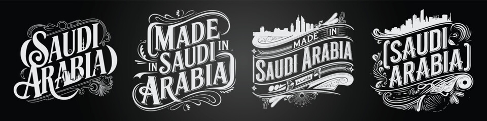 Saudi Arabia, Riyadh, Mecca, Arabian Desert Typography Set Featuring Chalk Blackboard and Geography Data Elements