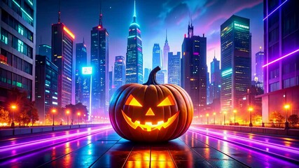 Urban halloween celebration with glowing jack-o'-lantern and city lights in vibrant night scene, seamless loop of lights trail motion, copy space area