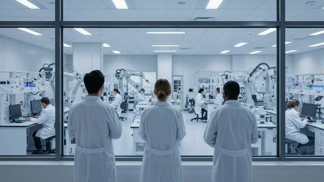 Three Researchers Observing Advanced Robotics in a High-Tech Laboratory: A Multicultural Team of Young Adults in White Lab Coats Engaging in Innovative Scientific Research