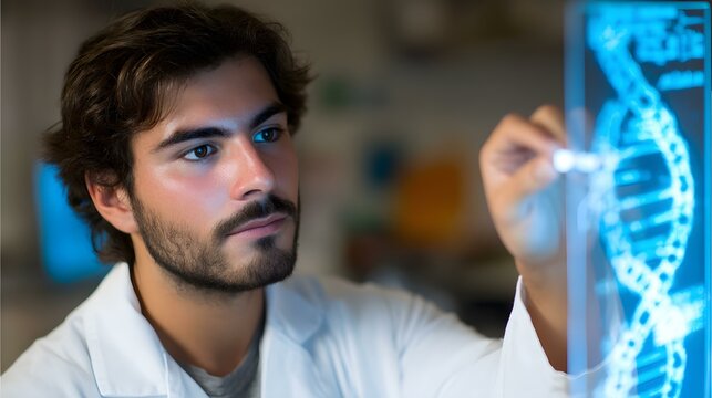 a white lab coat examining DNA sequence on a holographic display