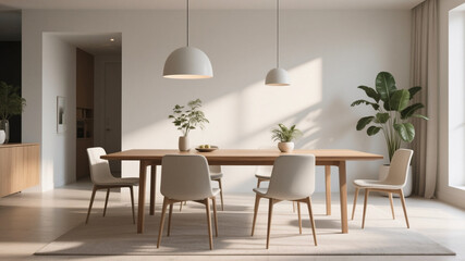 Fototapeta premium Modern dining table with wooden surface, minimalist chairs, and decorative plants, creating a stylish and clean interior dining space.