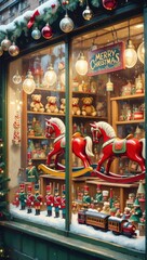 Festive toy store window display with christmas decorations and wooden toys
