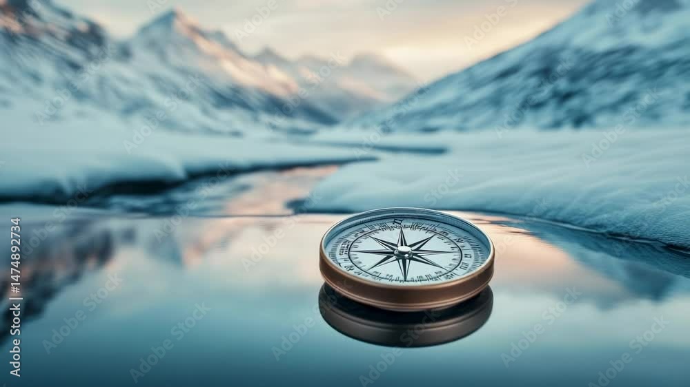 Poster golden compass floating on water surface with snowy mountain landscape reflecting in the water, symb