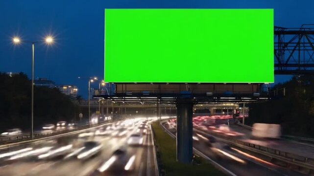 Green Screen Billboard at Night: A large, blank green screen billboard stands prominently beside a busy highway at night, offering a vast, adaptable canvas for advertising or design projects.