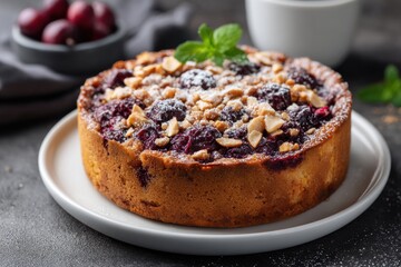 Delicious cherry cake with nuts and powdered sugar topping on white plate.