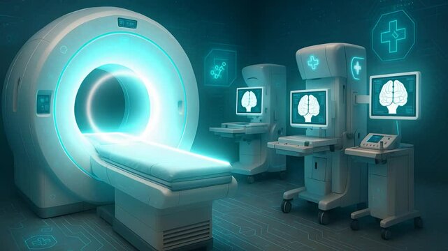 Modern MRI Machine and Brain Scan Monitors Representing Advanced Neuro Imaging Technology and Diagnostic Healthcare Equipment

