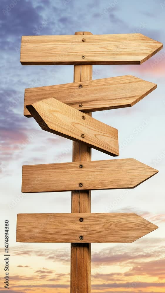 Poster multiple wooden arrow signs on a post pointing in various directions against a sunset sky represent 