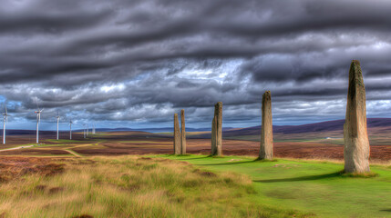 Standing stones contrast modern turbines overlook scottish field landscape