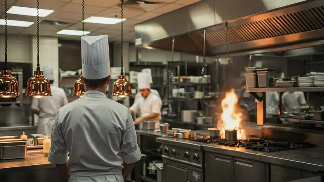 A Team of Male and Female Chefs Collaborating in a Busy Kitchen During a High-Pressure Culinary Service with Flames Erupting from a Cooking Station