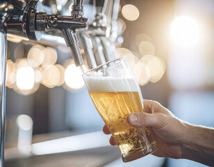 Close-up of hand pouring lager beer from Tap in bar or brewery