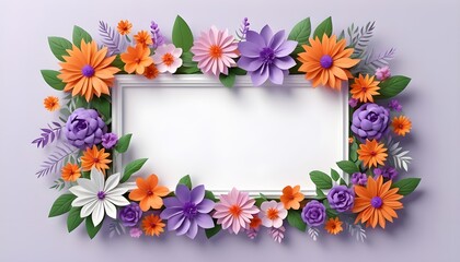 Fototapeta premium Elegant digital illustration of a floral border frame in teal green, adorned with 3D rendered blossoms, small hearts, and a butterfly perched on the top corner, high-definition 8K with clear backgroun