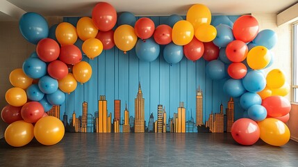 Superhero Party Central - Bold primary-colored decorations with comic book style banners, cityscape backdrops, and balloon bouquets in heroic hues.