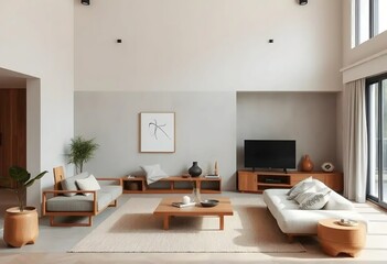 Minimalist living room with natural light, featuring a sofa, coffee table, and large windows. The style is clean, modern, and airy