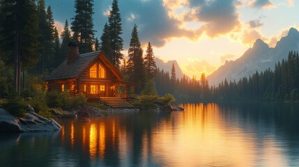 Lakeside cabin glows warmly at sunset, surrounded by forest and mountains