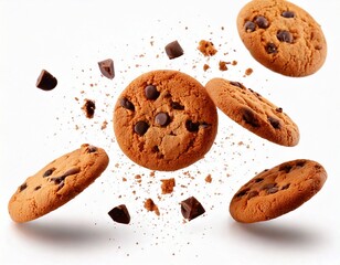  Tasty chocolate chip cookies falling image isolated on white perfect for food