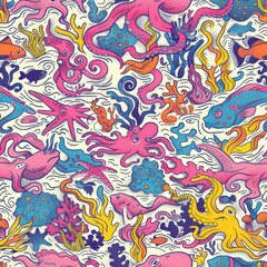 Fototapeta premium seamless aquatic cartoon pattern with playful sea creatures, pastel corals, and underwater plants, bright happy colors