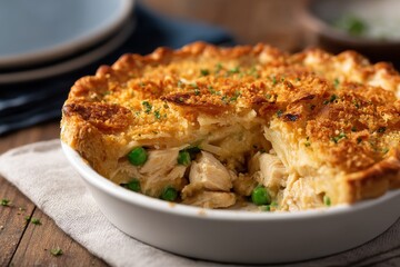 Golden chicken pot pie with peas and flaky crust in rustic setting.